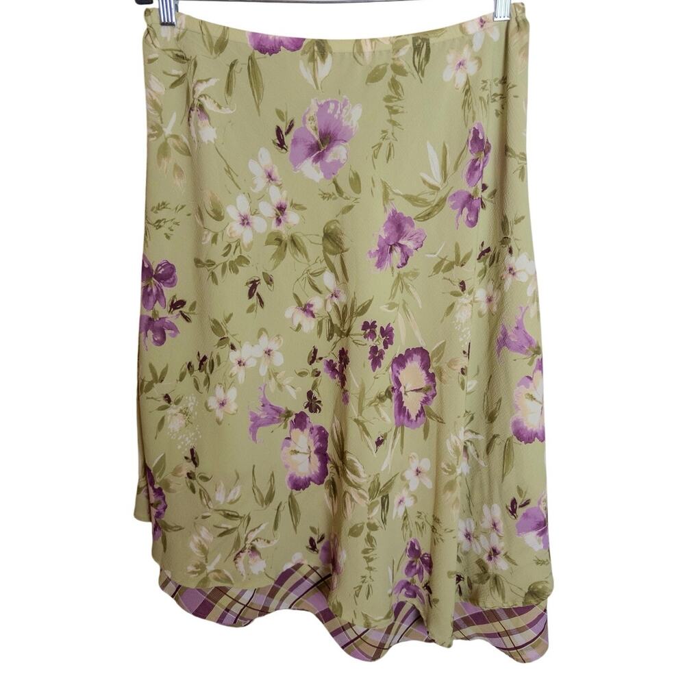 Y2K Emma James Floral Asymmetrical Midi Skirt Green Purple Size 12 - Picture 2 of 6